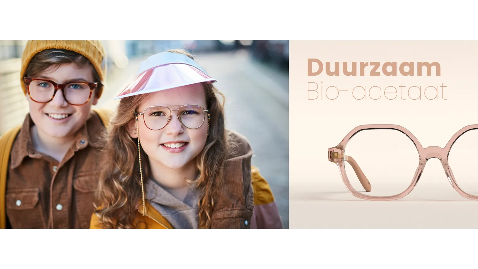 Twee kinderen dragen duurzame bio-acetaat brillen met ronde monturen in Amsterdam