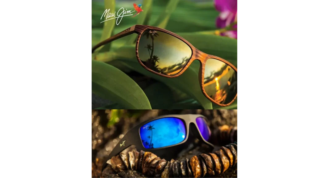 Twee Maui Jim zonnebrillen met originele glazen en tropische reflectie in zonlicht