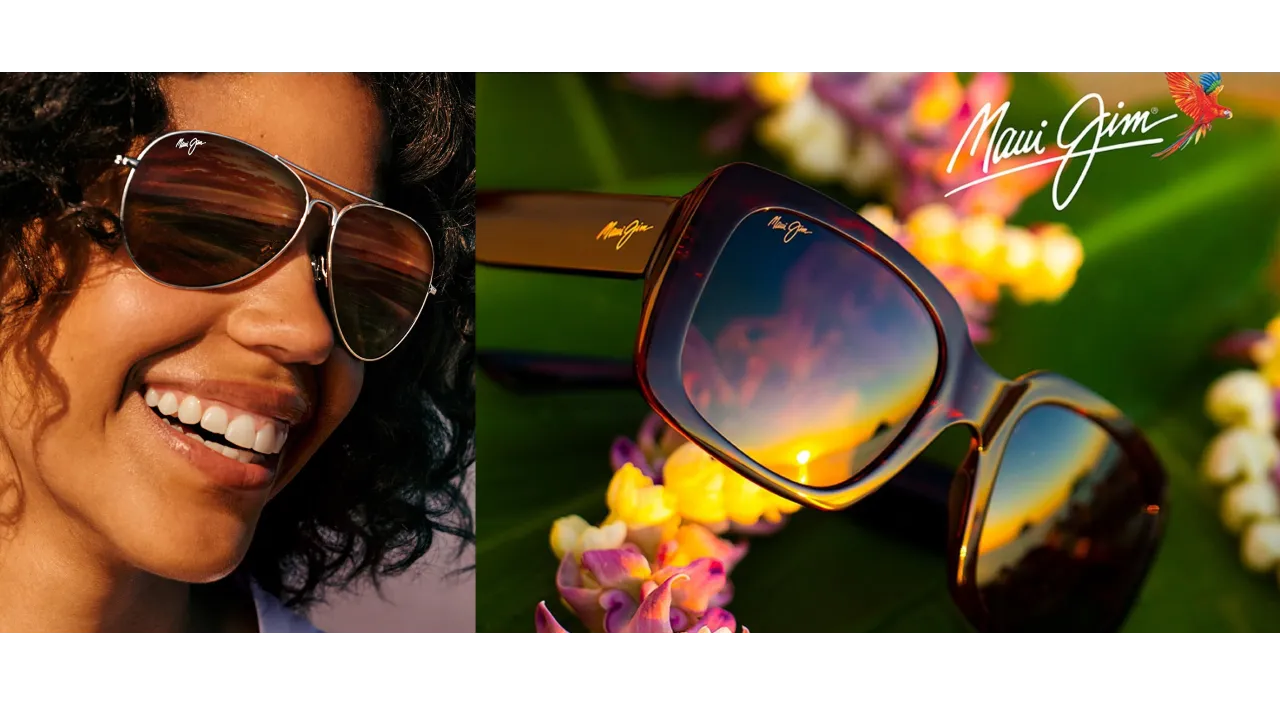 Vrouw met Maui Jim pilotenmodel en zonnebril met spiegelglazen in zonlicht