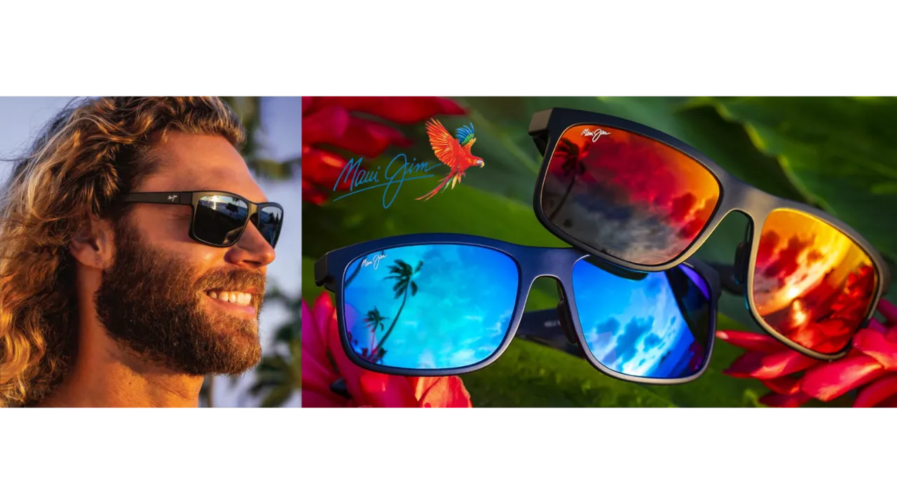 Man draagt Maui Jim Red Sands zonnebril met sportief montuur en blauwe lenzen