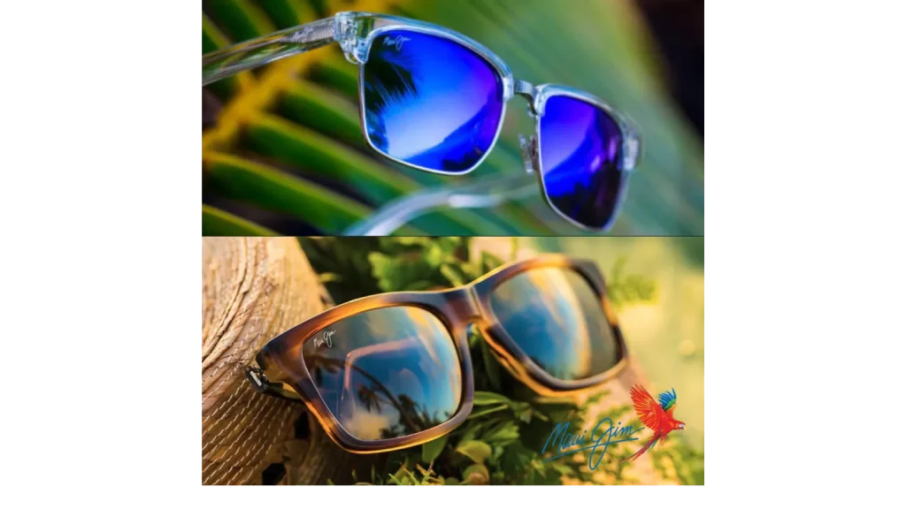 Twee Maui Jim monturen met blauwe en bruine glazen in zomerse setting
