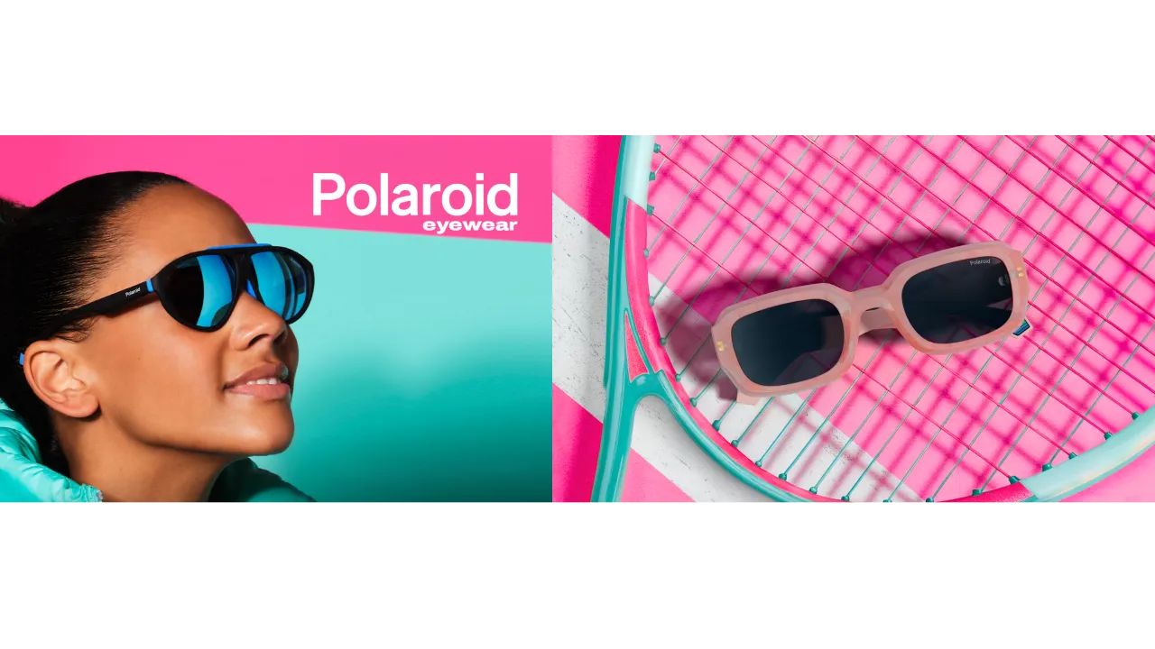 Vrouw draagt Polaroid damesmontuur met beschermende glazen in roze modekleuren